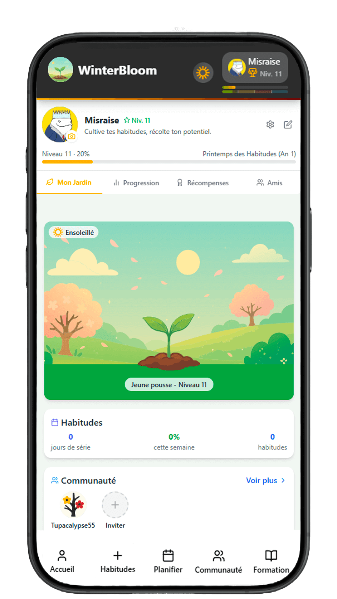 Aperçu de l'application WinterBloom (mobile)